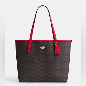 Coach City Tote Bag In Signature Canvas! Perfect condition. Gold/walnut/red